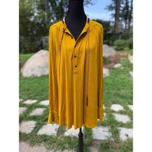 Akemi + Kin Anthropologie Mustard Yellow Crochet Trim Tassel Henley Tunic Large